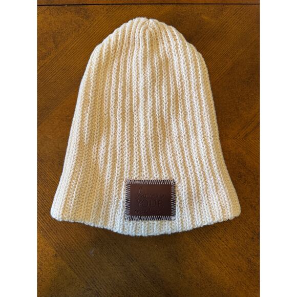 Love Your Melon Knit Beanie Cream Ribbed Winter Hat Unisex Neutral Slouchy Cap - Picture 4 of 4
